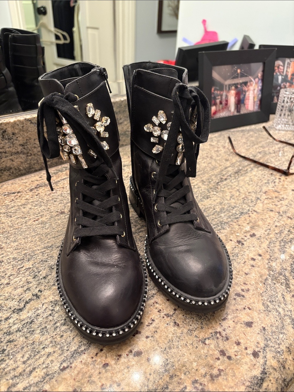 Kurt Geiger Black Crystal-Embellished Lace-Up Combat Boots